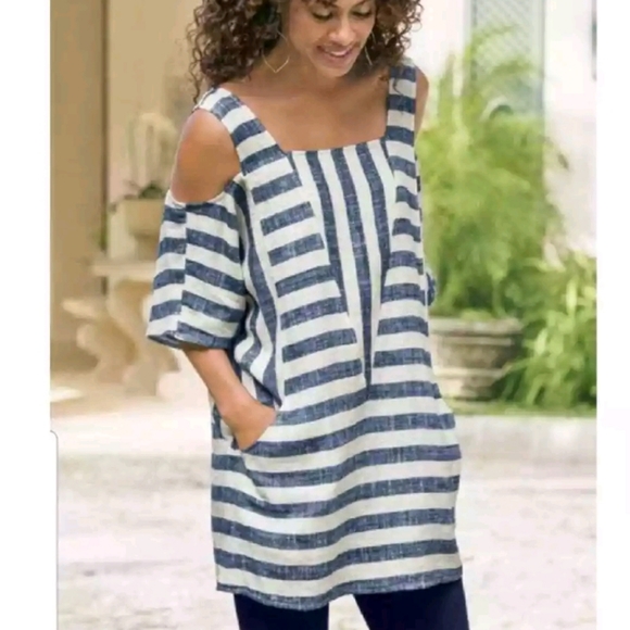 For Cynthia Tops - For Cynthia Cold Shoulder Linen Blend Striped Pocket Tunic Size  3X